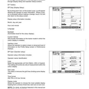 K&ouml;nnte beinhalten: Eine Seite aus einem technischen Handbuch mit dem Titel 3-CONTROLS AND INSTRUMENTS, die die Einstellung der Farbdisplay-Betriebsparameter beschreibt. Sie enth&auml;lt Textanweisungen und zwei Bildschirmfotos f&uuml;r Display Setup und Operator Setup.