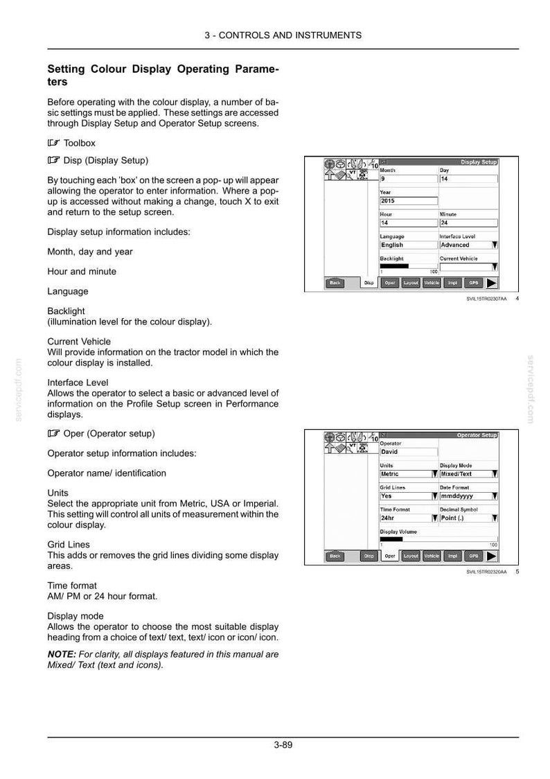 K&ouml;nnte beinhalten: Eine Seite aus einem technischen Handbuch mit dem Titel 3-CONTROLS AND INSTRUMENTS, die die Einstellung der Farbdisplay-Betriebsparameter beschreibt. Sie enth&auml;lt Textanweisungen und zwei Bildschirmfotos f&uuml;r Display Setup und Operator Setup.