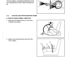 May include: A technical manual page titled 3. MACHINE OPERATION, section 3.1.4 STARTING AND STOPPING MACHINE ENGINE. It features black and white line drawings showing a vehicle light, a safety lock lever moving from position B to A, and control levers.