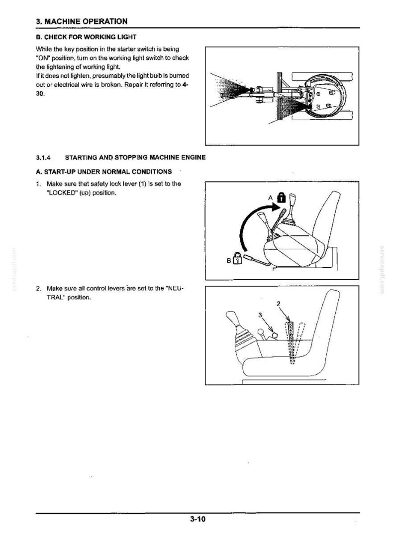 May include: A technical manual page titled 3. MACHINE OPERATION, section 3.1.4 STARTING AND STOPPING MACHINE ENGINE. It features black and white line drawings showing a vehicle light, a safety lock lever moving from position B to A, and control levers.