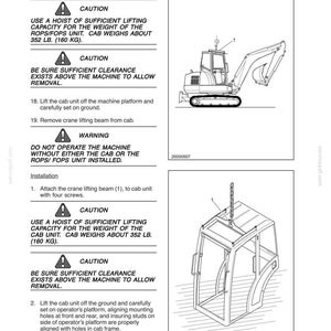 May include: A technical manual page titled SECTION 10 - OPERATOR'S PLATFORM featuring black and white line drawings of an excavator and a detached cab unit. The text includes safety warnings and instructions for lifting the 352 lb. cab unit.