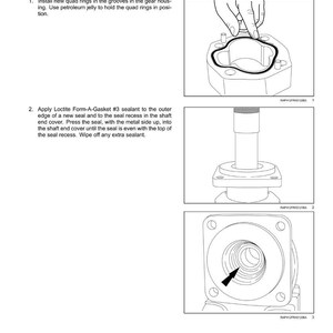 K&ouml;nnte beinhalten: Diagramm des Montageprozesses einer Festverdr&auml;ngerpumpe. Anweisungen umfassen das Einsetzen von Quad-Ringen, das Auftragen von Dichtmittel und das Einpressen von Dichtungen. Das Bild enth&auml;lt Text und Diagramme.