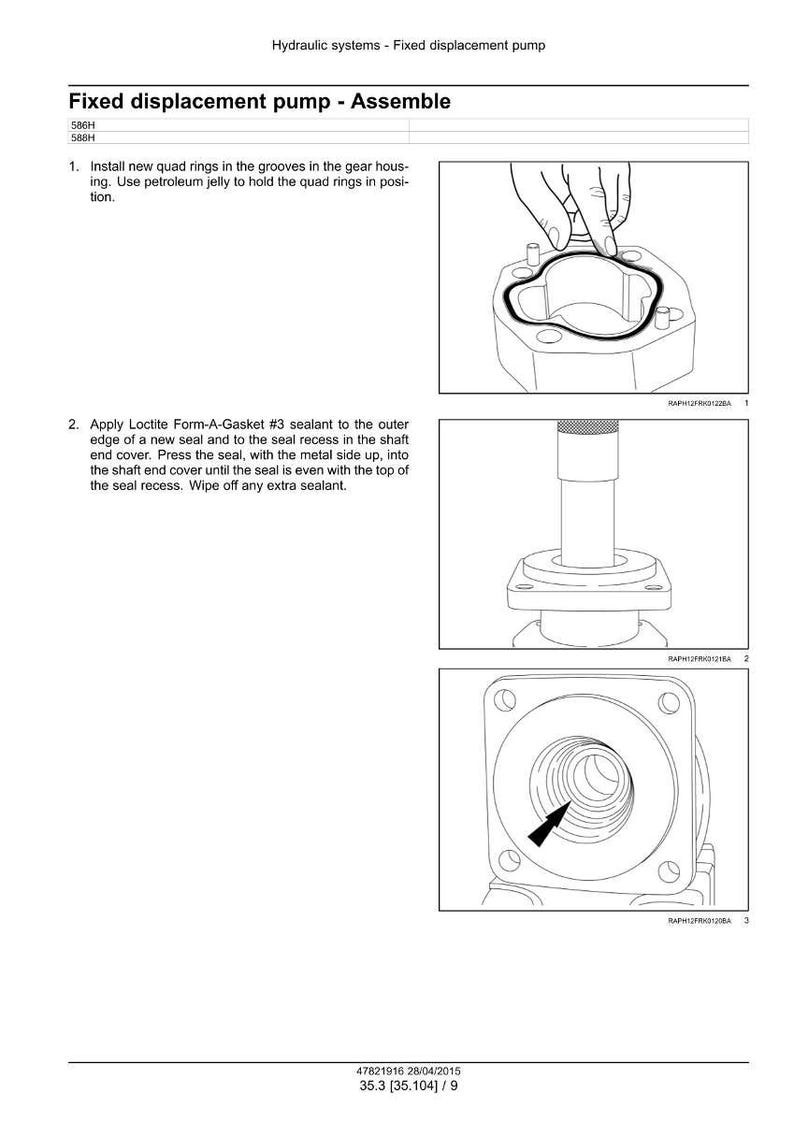 K&ouml;nnte beinhalten: Diagramm des Montageprozesses einer Festverdr&auml;ngerpumpe. Anweisungen umfassen das Einsetzen von Quad-Ringen, das Auftragen von Dichtmittel und das Einpressen von Dichtungen. Das Bild enth&auml;lt Text und Diagramme.