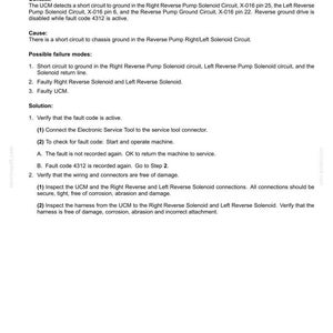 May include: A document titled "4312 - Pump Reverse Solenoids Shorted to Ground" with troubleshooting steps for electrical systems. Includes context, cause, possible failure modes, and solution steps for automotive repair.