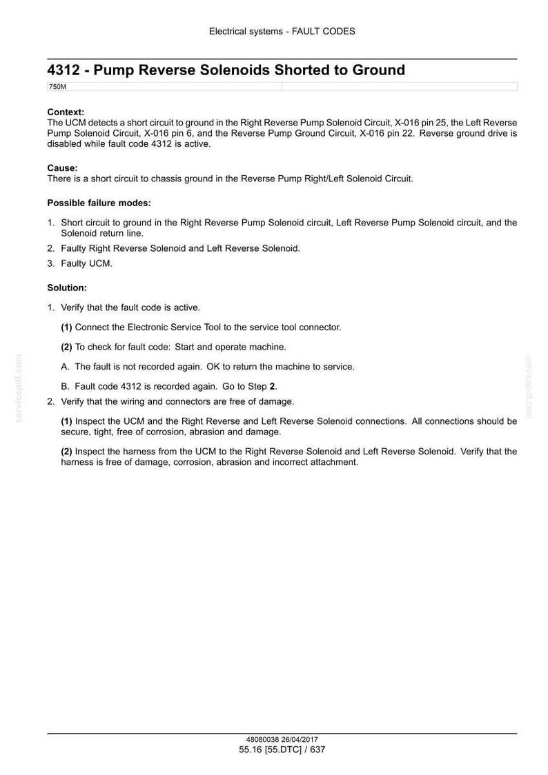 May include: A document titled "4312 - Pump Reverse Solenoids Shorted to Ground" with troubleshooting steps for electrical systems. Includes context, cause, possible failure modes, and solution steps for automotive repair.