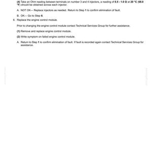 May include: A white page with black text detailing fault codes for distribution systems. Instructions include taking Ohm readings, disconnecting leads, and replacing the engine control module. Includes temperature readings in Fahrenheit.