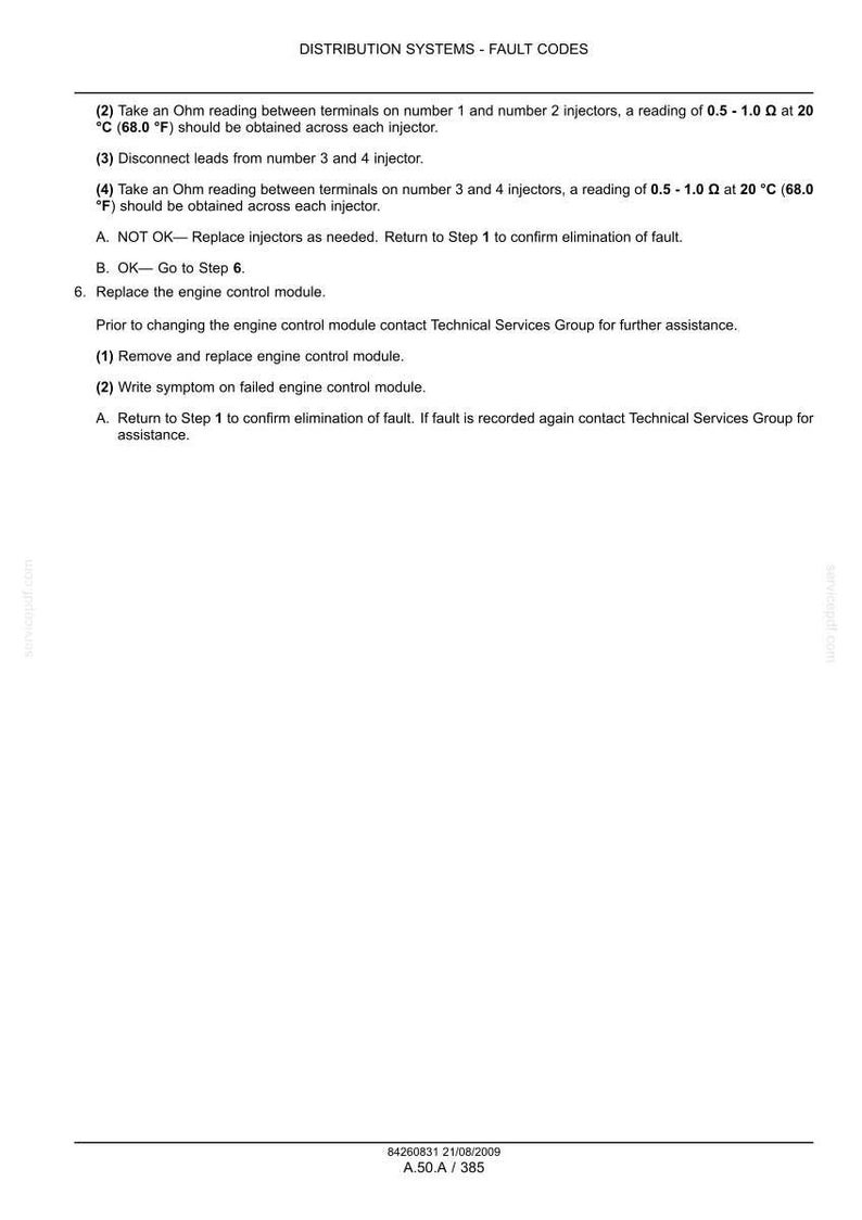 May include: A white page with black text detailing fault codes for distribution systems. Instructions include taking Ohm readings, disconnecting leads, and replacing the engine control module. Includes temperature readings in Fahrenheit.