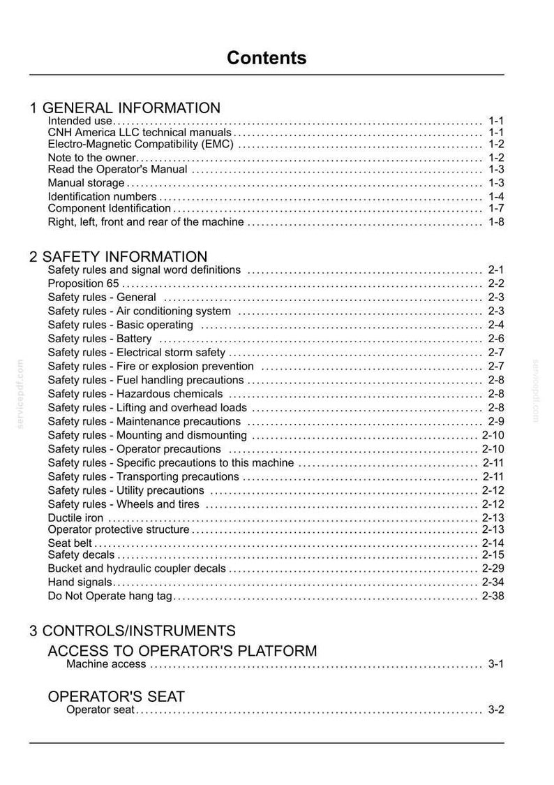 May include: A printed document titled "Contents" with a detailed table of contents. The document is divided into sections such as "General Information", "Safety Information", and "Controls/Instruments". The text is black on a white background.