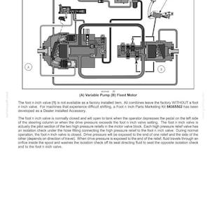 May include: Diagram of a hydrostatic drive system, featuring a variable pump and fixed motor. The image includes detailed schematics of valves, lines, and components, with labels and annotations for clarity. Text explains the function of the foot n inch valve.