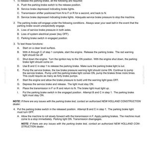 以下が含まれることがあります： 7-MAINTENANCE Parking brake checkと題された技術文書ページ。ニューホランド建設機械のパーキングブレーキシステムのテストおよび操作に関する詳細な手順が記載されており、番号付きのステップと安全上の注意書きが含まれています。