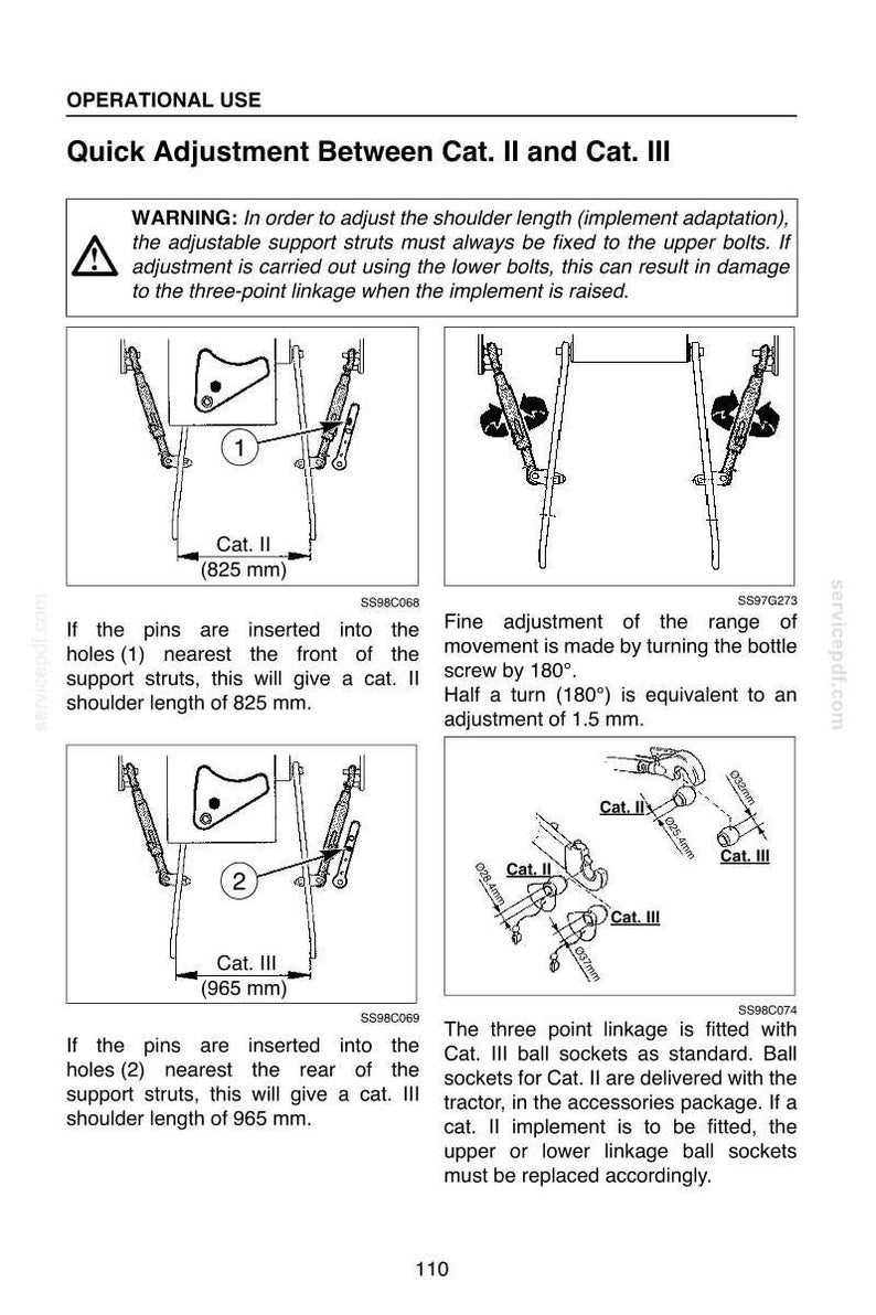 Op de afbeelding: Een pagina uit een technisch handboek getiteld Operational Use, met details over het afstellen van een driepuntshefinrichting tussen Cat. II en Cat. III. Het bevat diagrammen met steunbalken, penposities voor 825 mm en 965 mm, en afmetingen van kogelgewrichten.