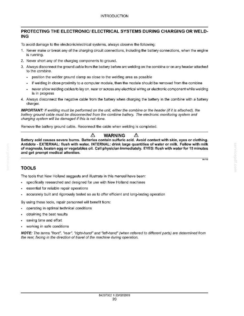 May include: A page from a manual with the title "PROTECTING THE ELECTRONIC/ELECTRICAL SYSTEMS DURING CHARGING OR WELDING." The text provides instructions on electrical system safety, including disconnecting battery cables. A warning about battery acid is also present.
