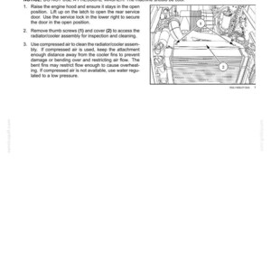 K&ouml;nnte beinhalten: Diagramm einer Motor- und Hydraulikk&uuml;hlerbaugruppe mit Beschriftungen f&uuml;r R&auml;ndelschrauben und Abdeckung. Der Text enth&auml;lt Anweisungen zur Wartung, einschlie&szlig;lich der Reinigung des K&uuml;hlers mit Druckluft.