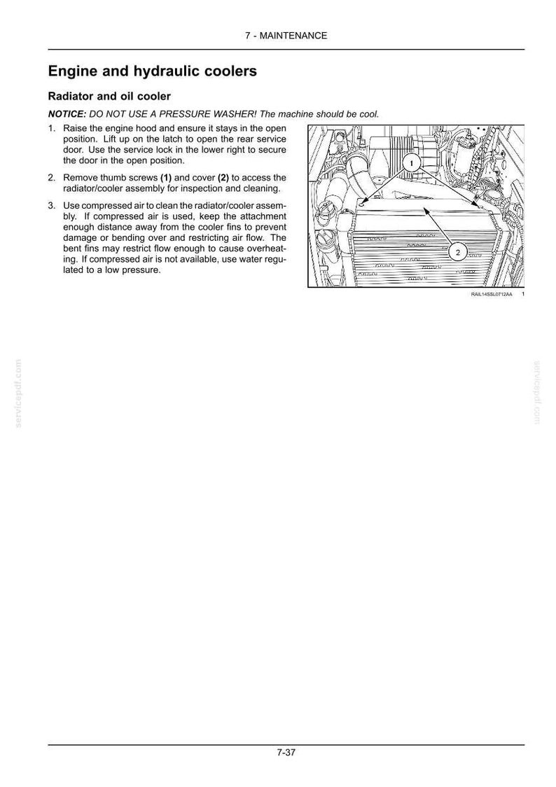 K&ouml;nnte beinhalten: Diagramm einer Motor- und Hydraulikk&uuml;hlerbaugruppe mit Beschriftungen f&uuml;r R&auml;ndelschrauben und Abdeckung. Der Text enth&auml;lt Anweisungen zur Wartung, einschlie&szlig;lich der Reinigung des K&uuml;hlers mit Druckluft.