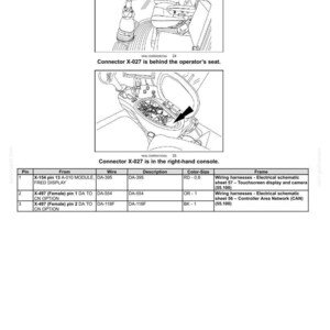May include: Diagram of electrical systems, harnesses, and connectors. Includes illustrations of the operator's seat and right-hand console, with labels for connector X-027. A table lists pin, wire, description, color-size, and frame details.