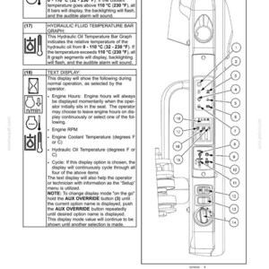May include: A technical manual page titled 3-CONTROLS AND INSTRUMENTS featuring a vertical control panel diagram with numbered indicators from 1 to 18. It includes detailed text descriptions for engine coolant, hydraulic fluid, and text display functions.