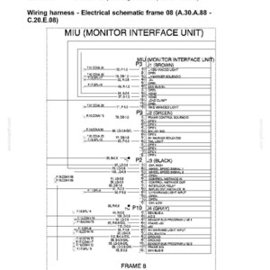 以下が含まれることがあります： モニターインターフェースユニットの配線ハーネス電気回路図（フレーム8）。コネクタの参照、J1、J2、J3、J4のピン割り当て、およびトラクター実装システム用のさまざまな信号経路が表示されています。