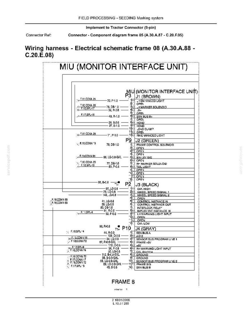 以下が含まれることがあります： モニターインターフェースユニットの配線ハーネス電気回路図（フレーム8）。コネクタの参照、J1、J2、J3、J4のピン割り当て、およびトラクター実装システム用のさまざまな信号経路が表示されています。