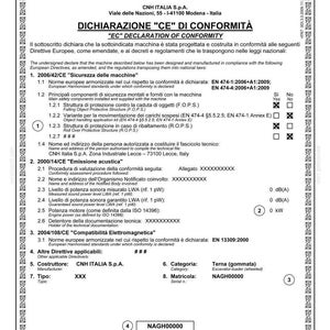 May include: A document from CNH Italia S.p.A. declaring CE conformity for a machine, with text in Italian and English. The document includes details on safety standards, engine power, and other technical specifications. The document is A4 format.