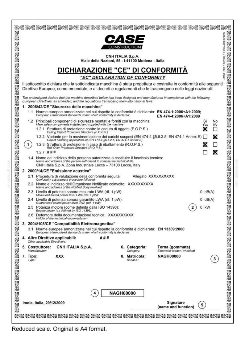 May include: A document from CNH Italia S.p.A. declaring CE conformity for a machine, with text in Italian and English. The document includes details on safety standards, engine power, and other technical specifications. The document is A4 format.