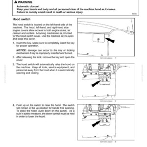 Puede incluir: Diagrama del interruptor del cap&oacute; y desconexi&oacute;n principal de una m&aacute;quina, con instrucciones y advertencias. Incluye ilustraciones del interruptor del cap&oacute; y su funcionamiento, con flechas que indican los puntos clave. Texto con advertencias de seguridad.