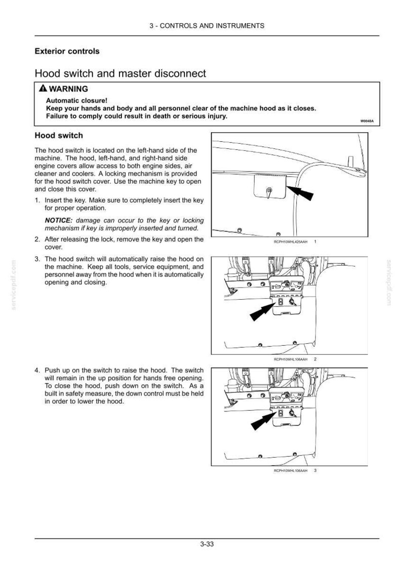 Puede incluir: Diagrama del interruptor del cap&oacute; y desconexi&oacute;n principal de una m&aacute;quina, con instrucciones y advertencias. Incluye ilustraciones del interruptor del cap&oacute; y su funcionamiento, con flechas que indican los puntos clave. Texto con advertencias de seguridad.
