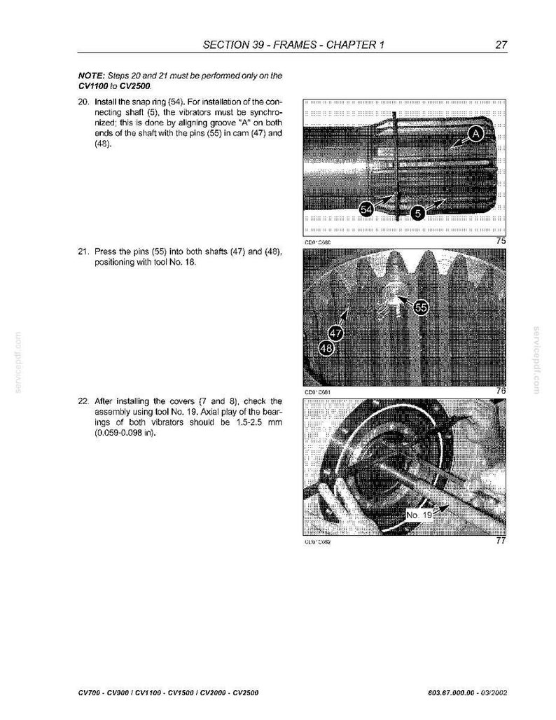May include: A technical diagram from a manual, showing mechanical components and assembly instructions. The page includes detailed illustrations of parts, including snap rings, shafts, and pins, with measurements in inches. Text includes section and chapter titles.