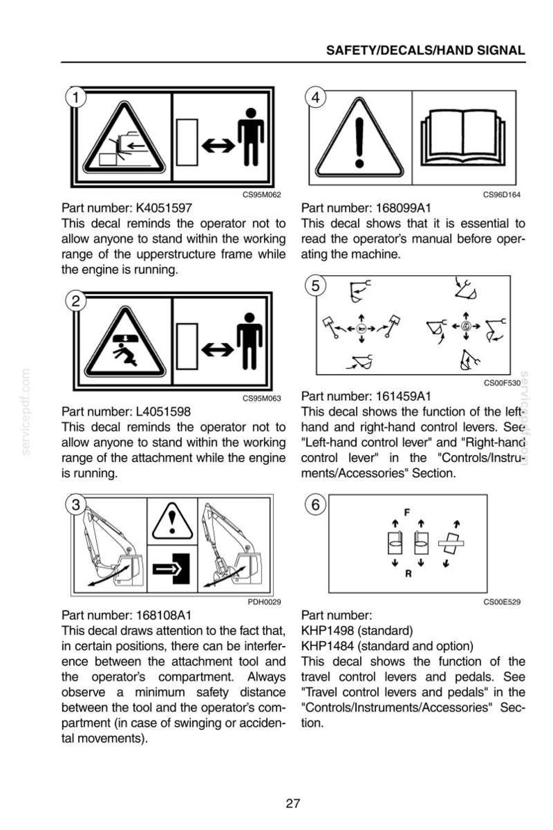 May include: A page from a manual with safety decals and hand signals. The decals include warning symbols, diagrams of machinery controls, and text indicating safety instructions for operating the equipment.