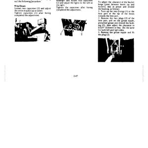 May include: A technical manual page titled 2-47 containing instructions for adjusting headlights and bucket hinge clearance. It features three black and white diagrams with numbered components and text detailing procedures for up, down, left, and right adjustments.
