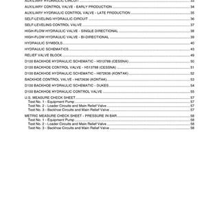Peut inclure: Une page imprim&eacute;e d'un manuel technique, pr&eacute;sentant une table des mati&egrave;res d&eacute;taill&eacute;e. Le texte &eacute;num&egrave;re des circuits hydrauliques, des vannes et des sch&eacute;mas, tels que "Circuits hydrauliques du chargeur" et "Bloc de soupape de d&eacute;charge".
