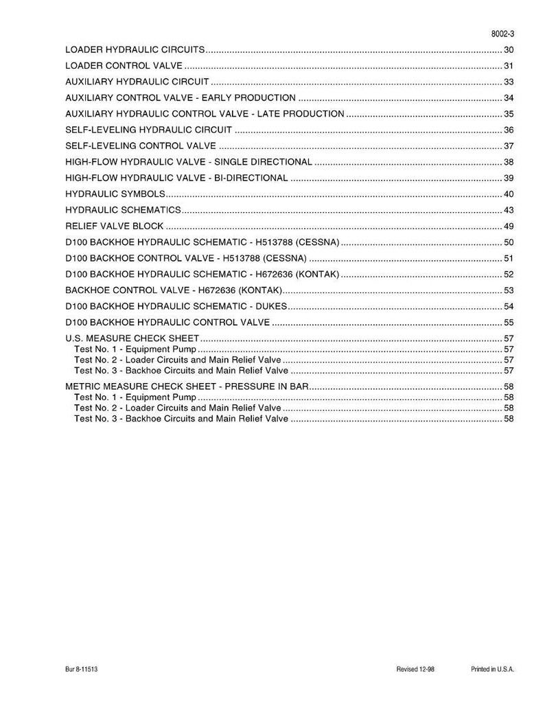 Peut inclure: Une page imprim&eacute;e d'un manuel technique, pr&eacute;sentant une table des mati&egrave;res d&eacute;taill&eacute;e. Le texte &eacute;num&egrave;re des circuits hydrauliques, des vannes et des sch&eacute;mas, tels que "Circuits hydrauliques du chargeur" et "Bloc de soupape de d&eacute;charge".