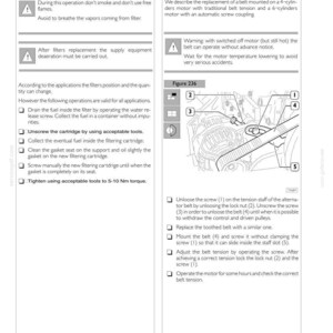 Puede incluir: P&aacute;gina de un manual que detalla los procedimientos de reemplazo del filtro de combustible y la correa del alternador. Incluye diagramas, advertencias e instrucciones paso a paso. Texto en ingl&eacute;s.