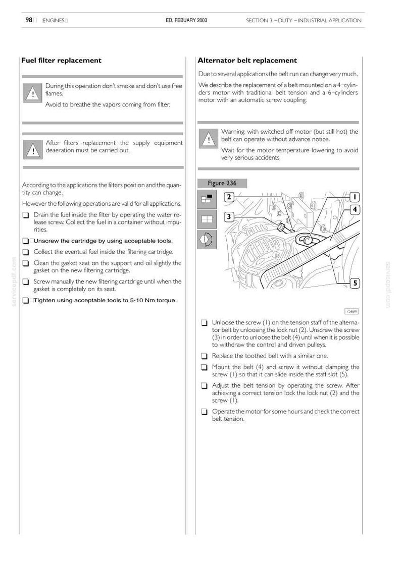 Puede incluir: P&aacute;gina de un manual que detalla los procedimientos de reemplazo del filtro de combustible y la correa del alternador. Incluye diagramas, advertencias e instrucciones paso a paso. Texto en ingl&eacute;s.