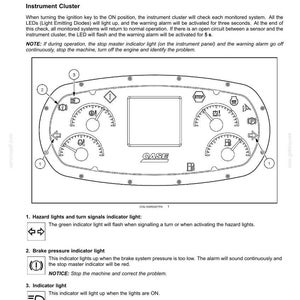 May include: Diagram of an instrument cluster panel with gauges, warning lights, and a central display. The panel includes indicators for hazard lights, brake pressure, and lights. The brand name "CASE" is visible.