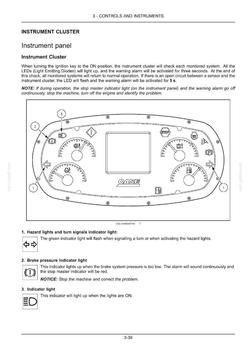 May include: Diagram of an instrument cluster panel with gauges, warning lights, and a central display. The panel includes indicators for hazard lights, brake pressure, and lights. The brand name "CASE" is visible.