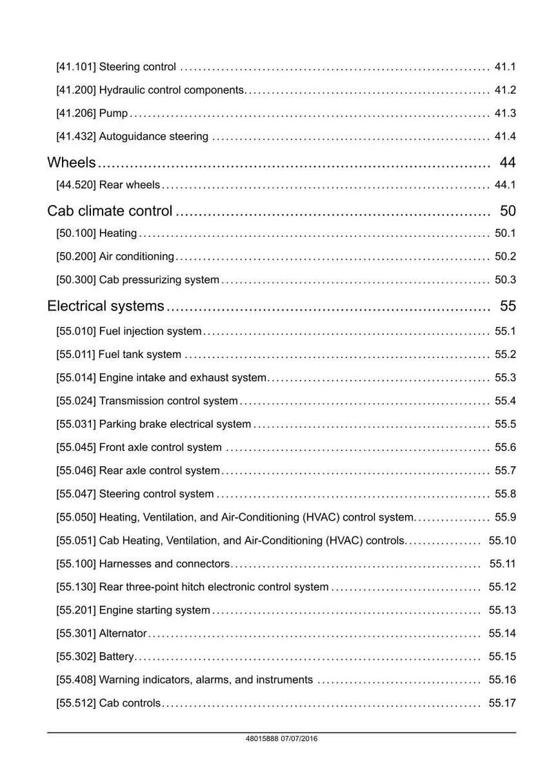 May include: A detailed technical document with a white background, listing various vehicle systems and components. Sections include steering, wheels, cab climate control, and electrical systems. The document is dated 07/07/2016.