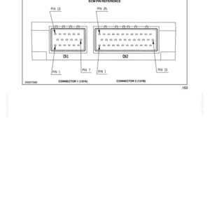 May include: A technical diagram titled ECM PIN REFERENCE showing two rectangular electrical connectors labelled CN1 and CN2. Connector CN1 displays pin locations 1, 7, and 13, while connector CN2 displays pin locations 1, 13, and 25. The text includes FAULT CODE 47.