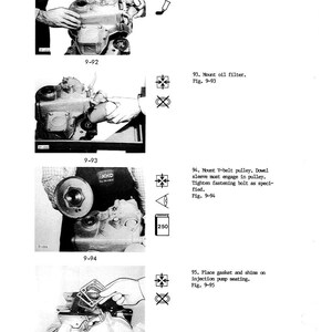 May include: Black and white technical manual page with engine assembly instructions. The page includes diagrams and text detailing the steps for mounting components like the oil filter, V-belt pulley, and injection pump seating.