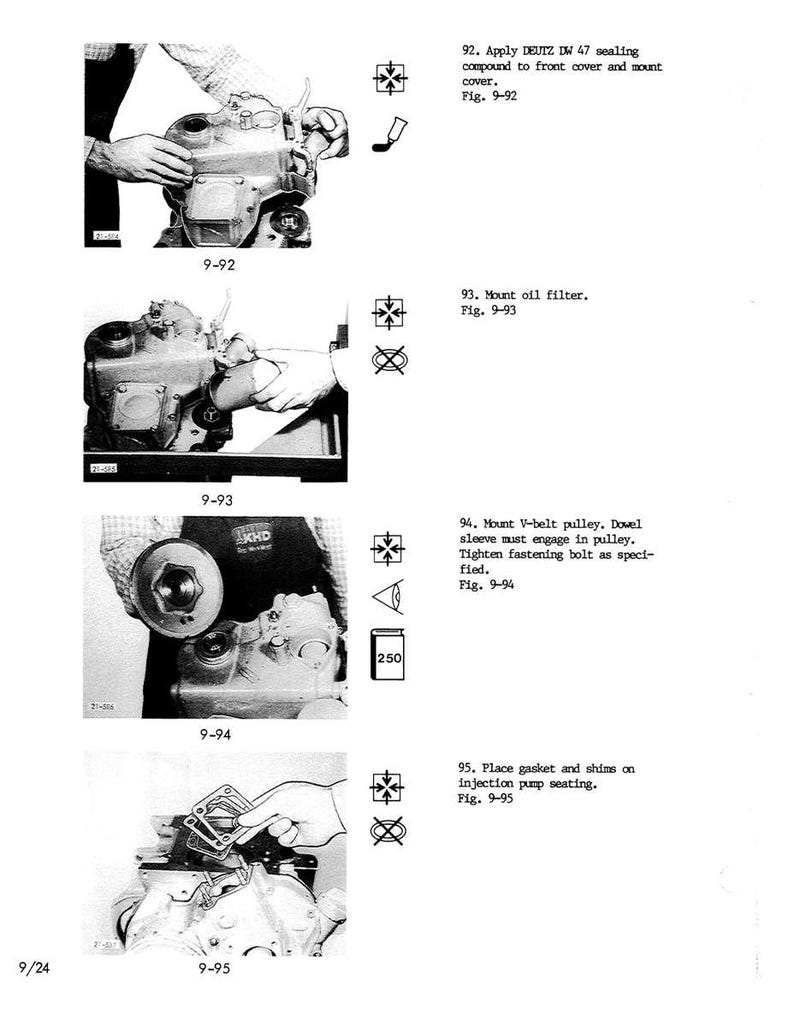 May include: Black and white technical manual page with engine assembly instructions. The page includes diagrams and text detailing the steps for mounting components like the oil filter, V-belt pulley, and injection pump seating.