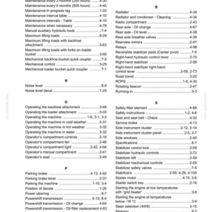 May include: An alphabetical index from a manual, listing maintenance, safety, and operational topics. The table of contents includes topics like "Maintenance", "Safety instructions", and "Steering".
