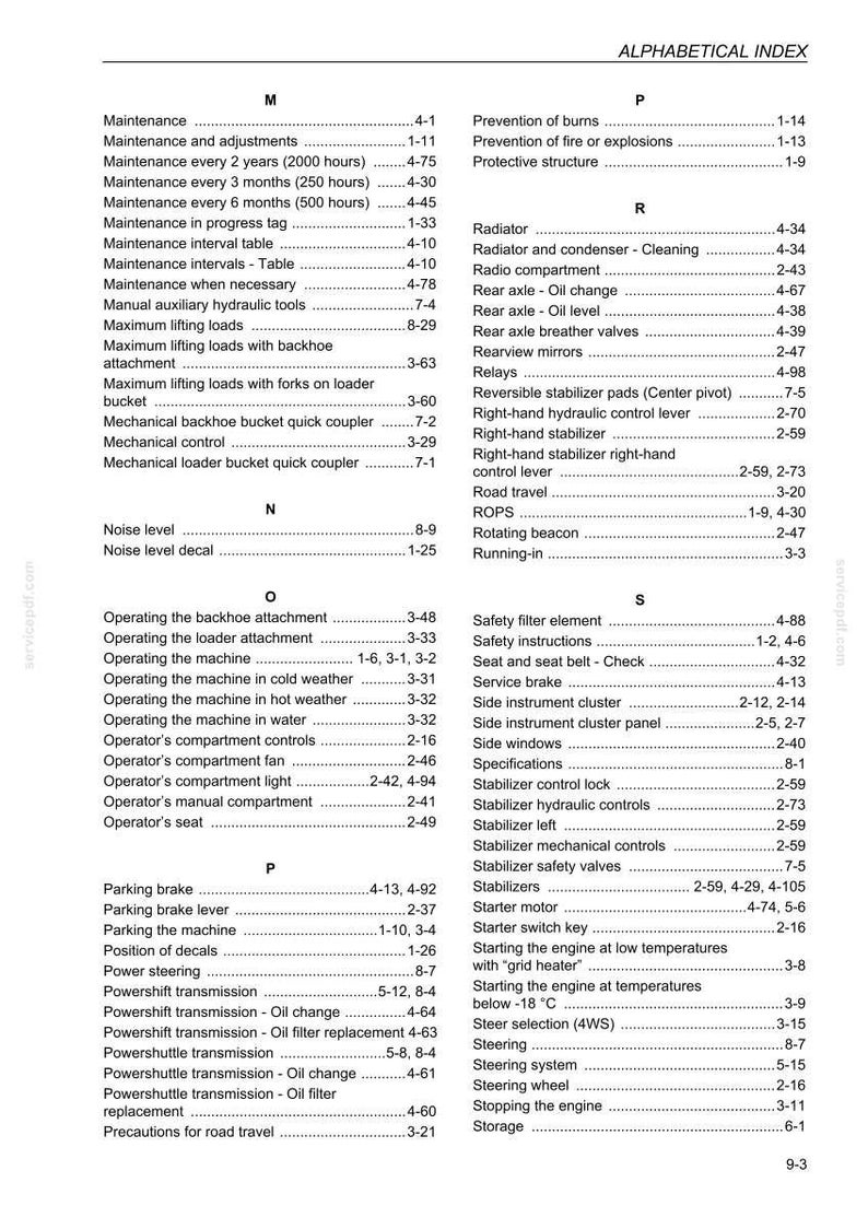 May include: An alphabetical index from a manual, listing maintenance, safety, and operational topics. The table of contents includes topics like "Maintenance", "Safety instructions", and "Steering".