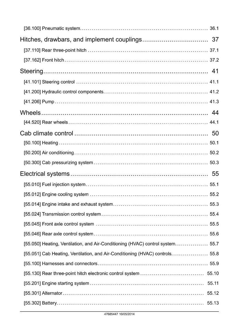 May include: A detailed page from a manual, featuring a table of contents with various sections. The sections include Pneumatic system, Steering, Wheels, Cab climate control, and Electrical systems. The document is dated 10/05/2014.
