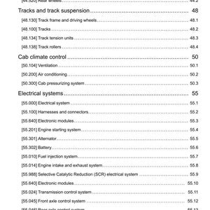 May include: A detailed table of contents from a manual, listing various systems and components. Sections include wheels, tracks, cab climate control, and electrical systems. The document is dated 12/10/2017.