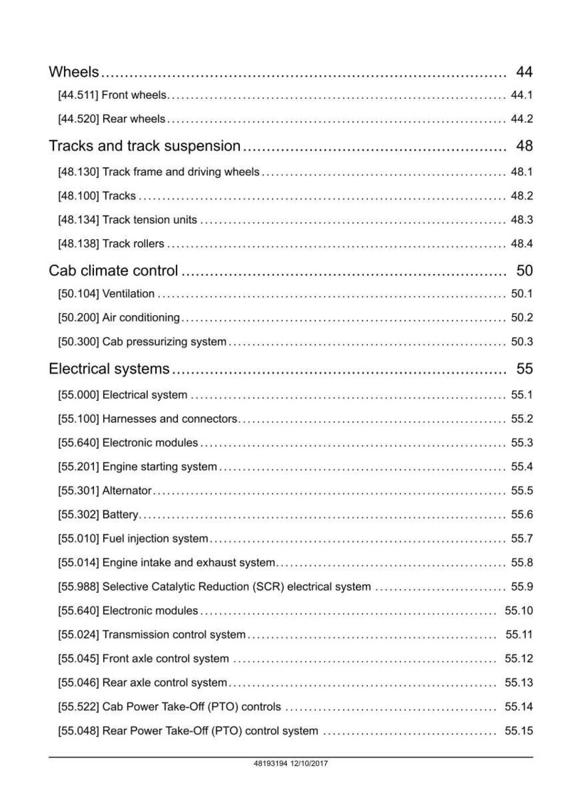 May include: A detailed table of contents from a manual, listing various systems and components. Sections include wheels, tracks, cab climate control, and electrical systems. The document is dated 12/10/2017.