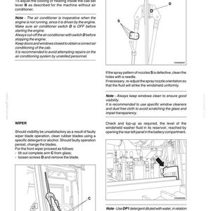 May include: A technical manual page labeled 60 and D350 containing instructions for an air conditioner and wiper system. It features black and white line drawings of a windshield wiper arm labeled C, D, and S, and a washer fluid reservoir.