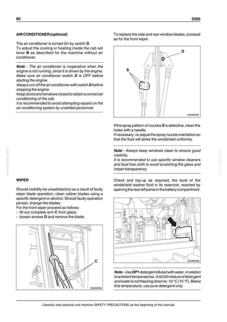 May include: A technical manual page labeled 60 and D350 containing instructions for an air conditioner and wiper system. It features black and white line drawings of a windshield wiper arm labeled C, D, and S, and a washer fluid reservoir.