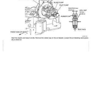May include: Technical diagram illustrating the "Bleeding Air" process. The diagram includes labels for the main pump, blade pump, and pilot pump, along with a detailed view of the air bleeding valve and rubber cap. Measurements are provided in inches and millimeters.