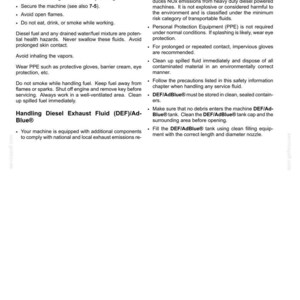 May include: A page from a manual with safety information. The title reads "2 - SAFETY INFORMATION." The text covers fuel system maintenance and handling diesel exhaust fluid (DEF)/AdBlue&reg;, including safety precautions and warnings.