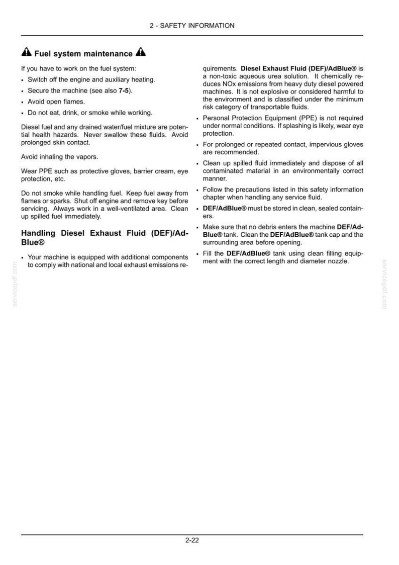 May include: A page from a manual with safety information. The title reads "2 - SAFETY INFORMATION." The text covers fuel system maintenance and handling diesel exhaust fluid (DEF)/AdBlue&reg;, including safety precautions and warnings.