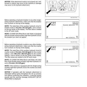 May include: A page from a manual with operational settings for hydraulic attachments. It includes diagrams of control panels and displays, with text detailing flow rates in US gallons per minute and other technical specifications.
